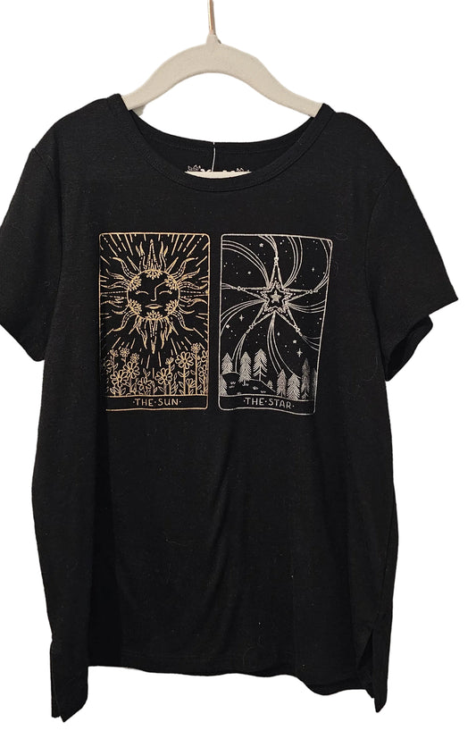 Black short-sleeve Mudd T-shirt with The Sun and The Star illustrated panels on front