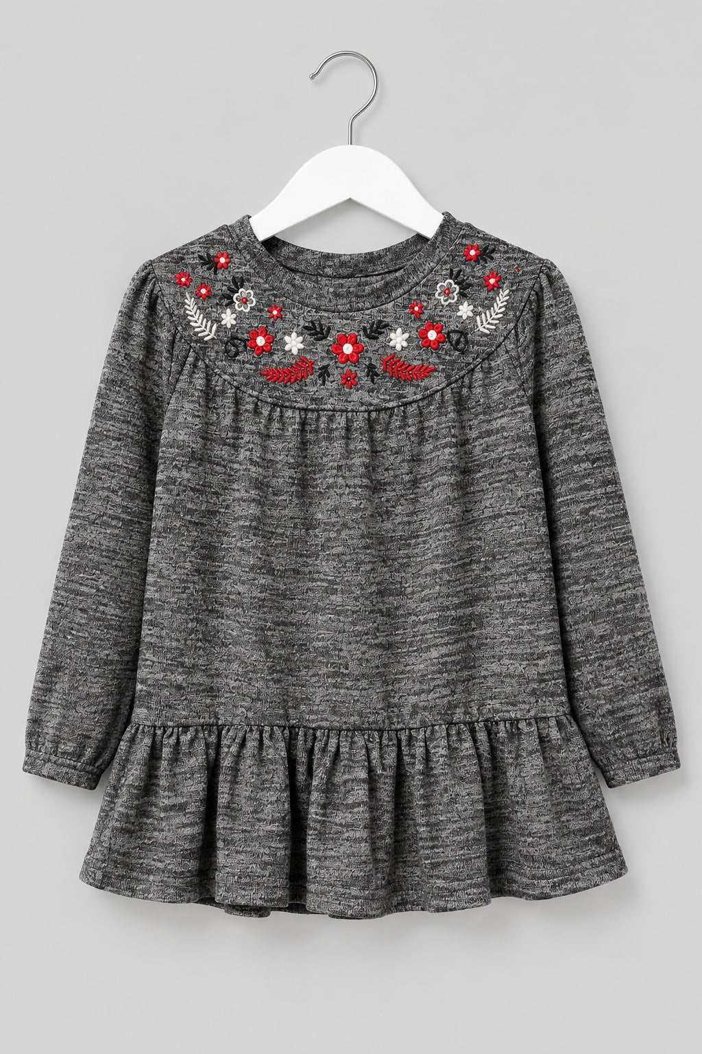 Roco Co Grey Marl Floral Embroidered Yoke Peplum Top 3T