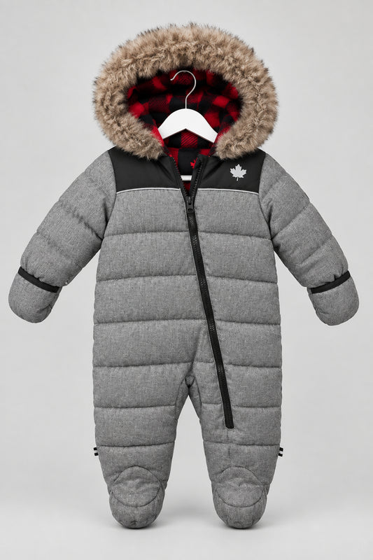 Canadiana Grey Quilted Snowsuit with Faux Fur Hood 6-12M