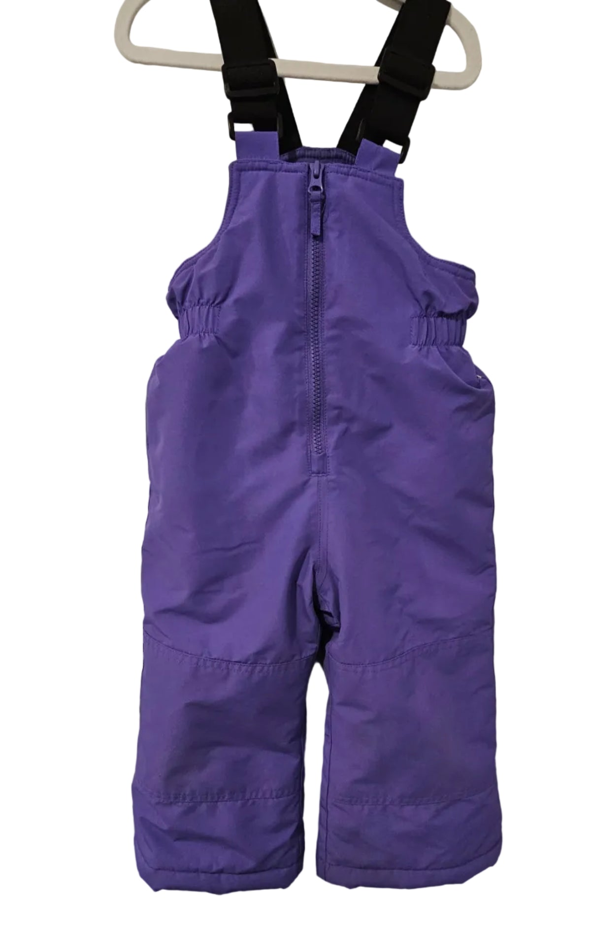 Purple Gusti bib snow pants with adjustable black shoulder straps