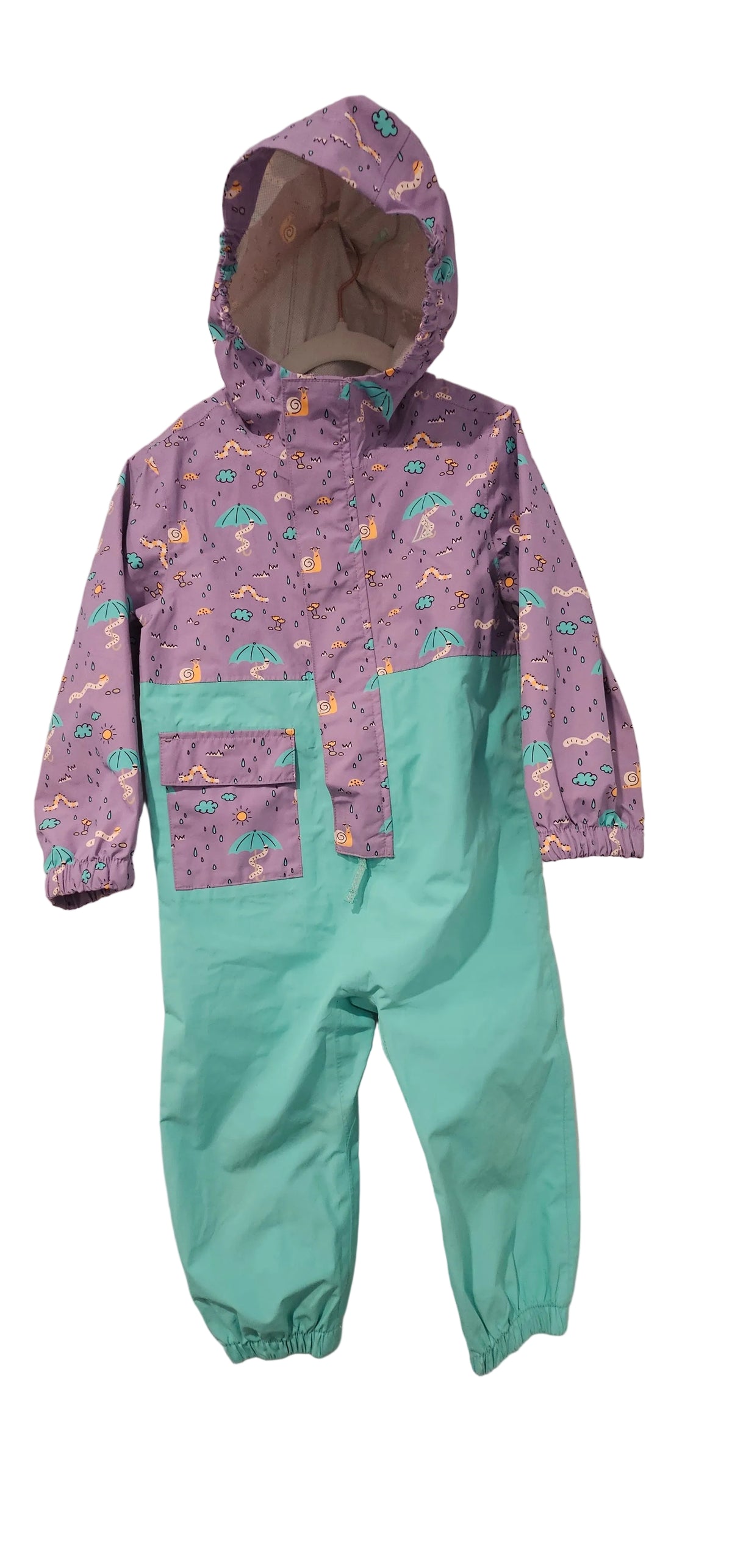 Ripzone purple weather-print and mint-green hooded rain suit in size 3T