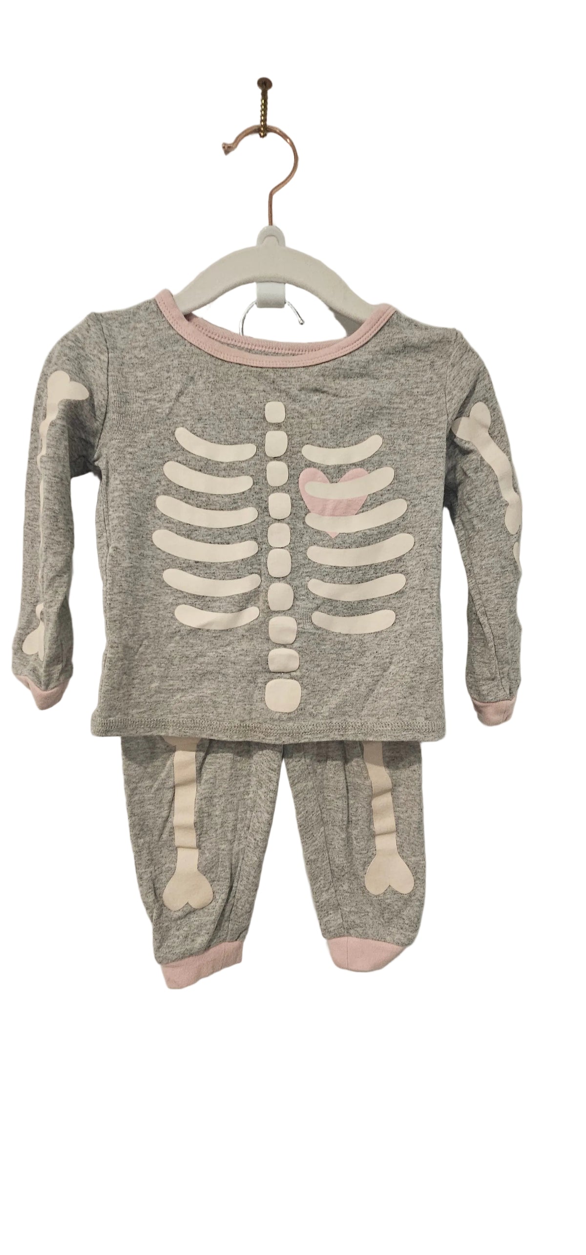 Grey Joe Fresh two-piece skeleton pajama set with pink trim and heart detail