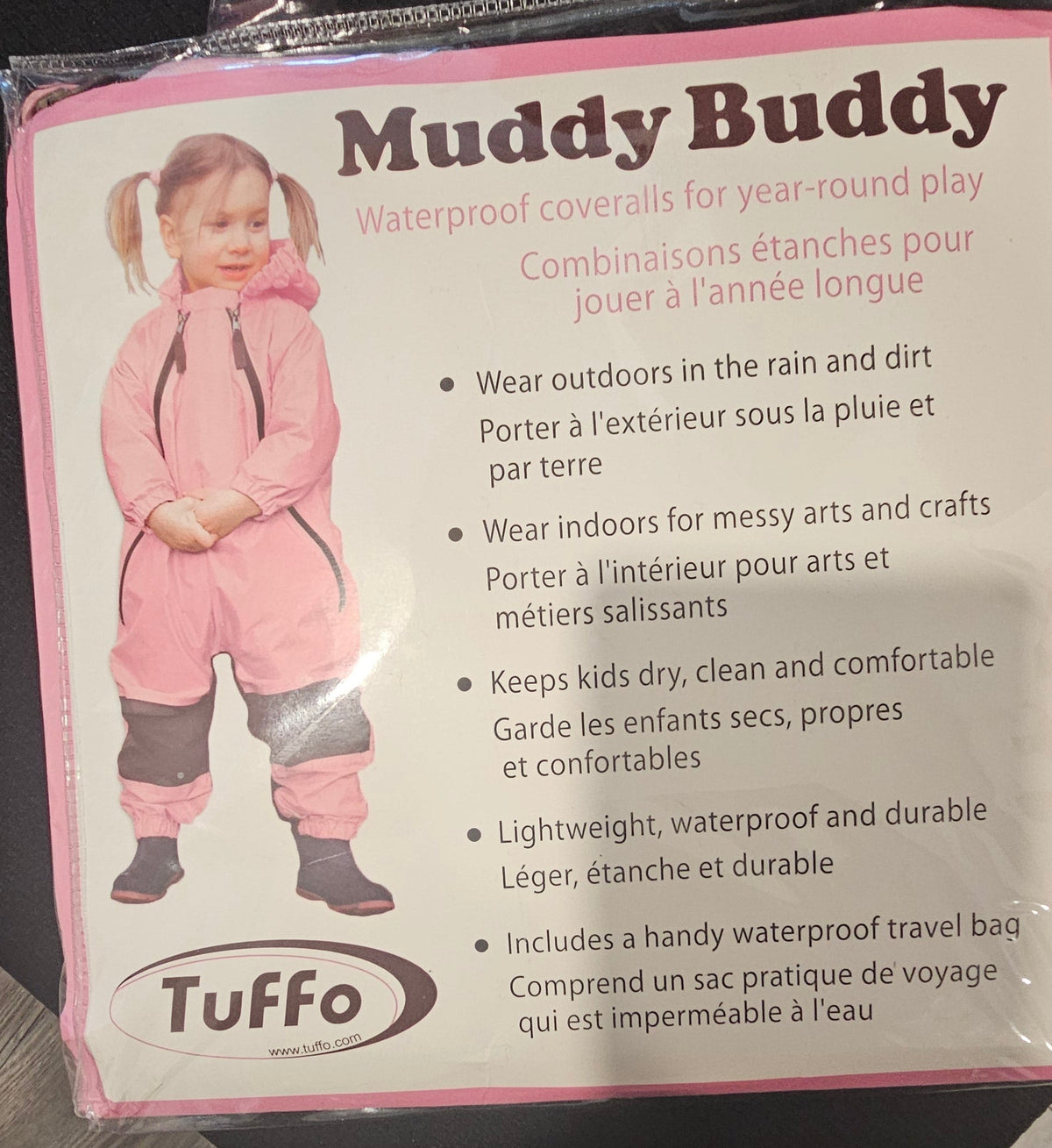 Tuffo Muddy Buddy pink waterproof coverall packaging showing product and features