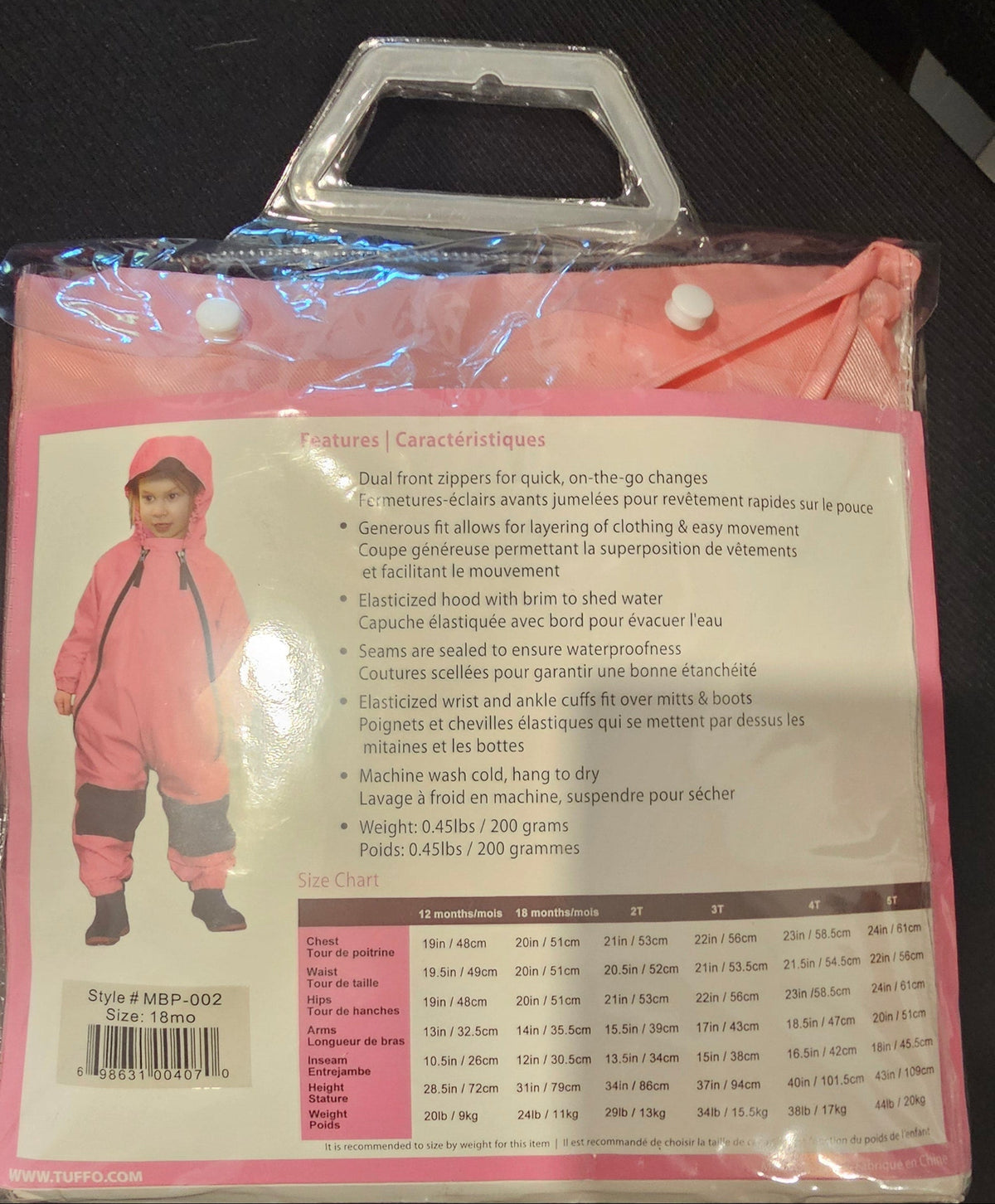 Back of Tuffo Muddy Buddy packaging with features and care information