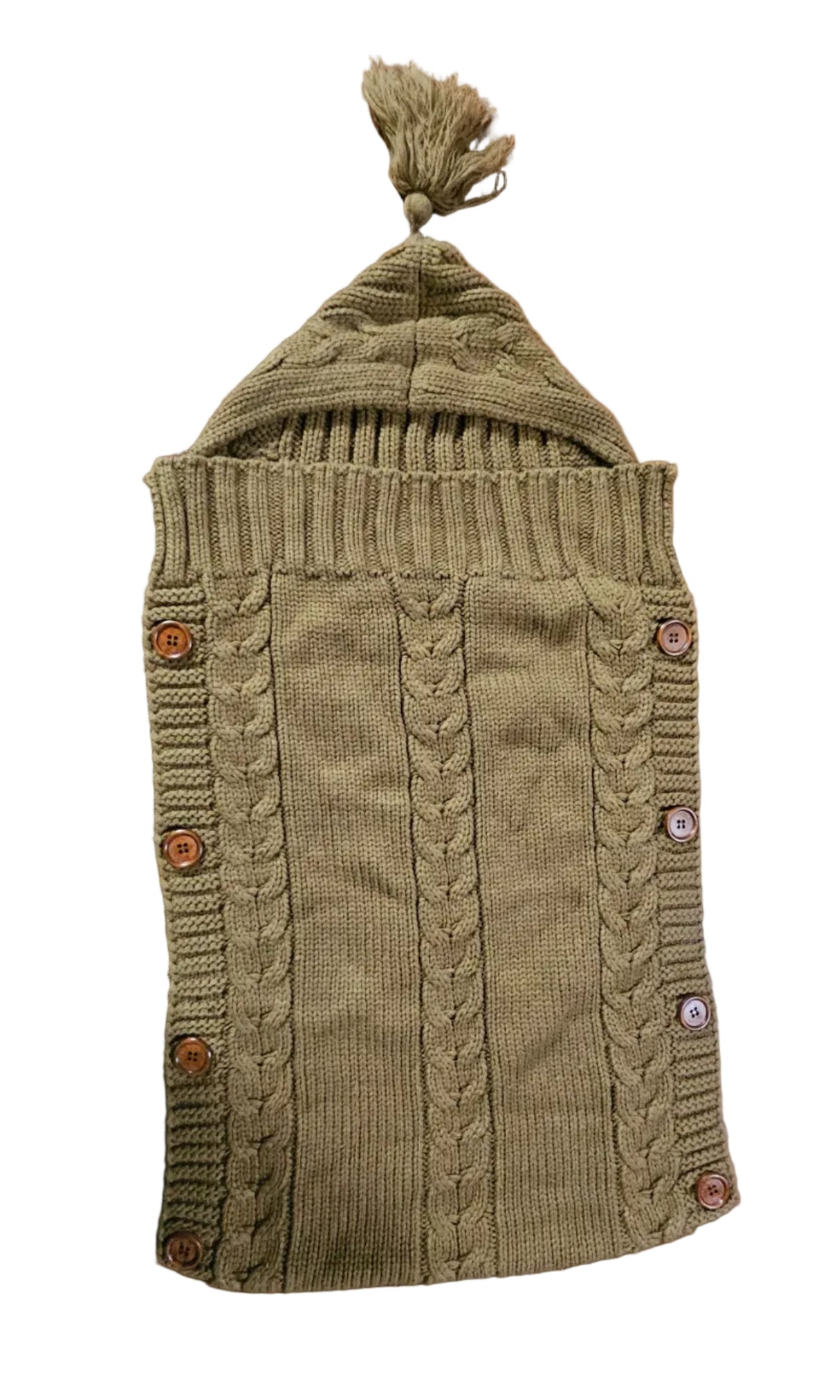 Olive cable-knit closed-bottom baby bunting with side buttons and tasseled hood