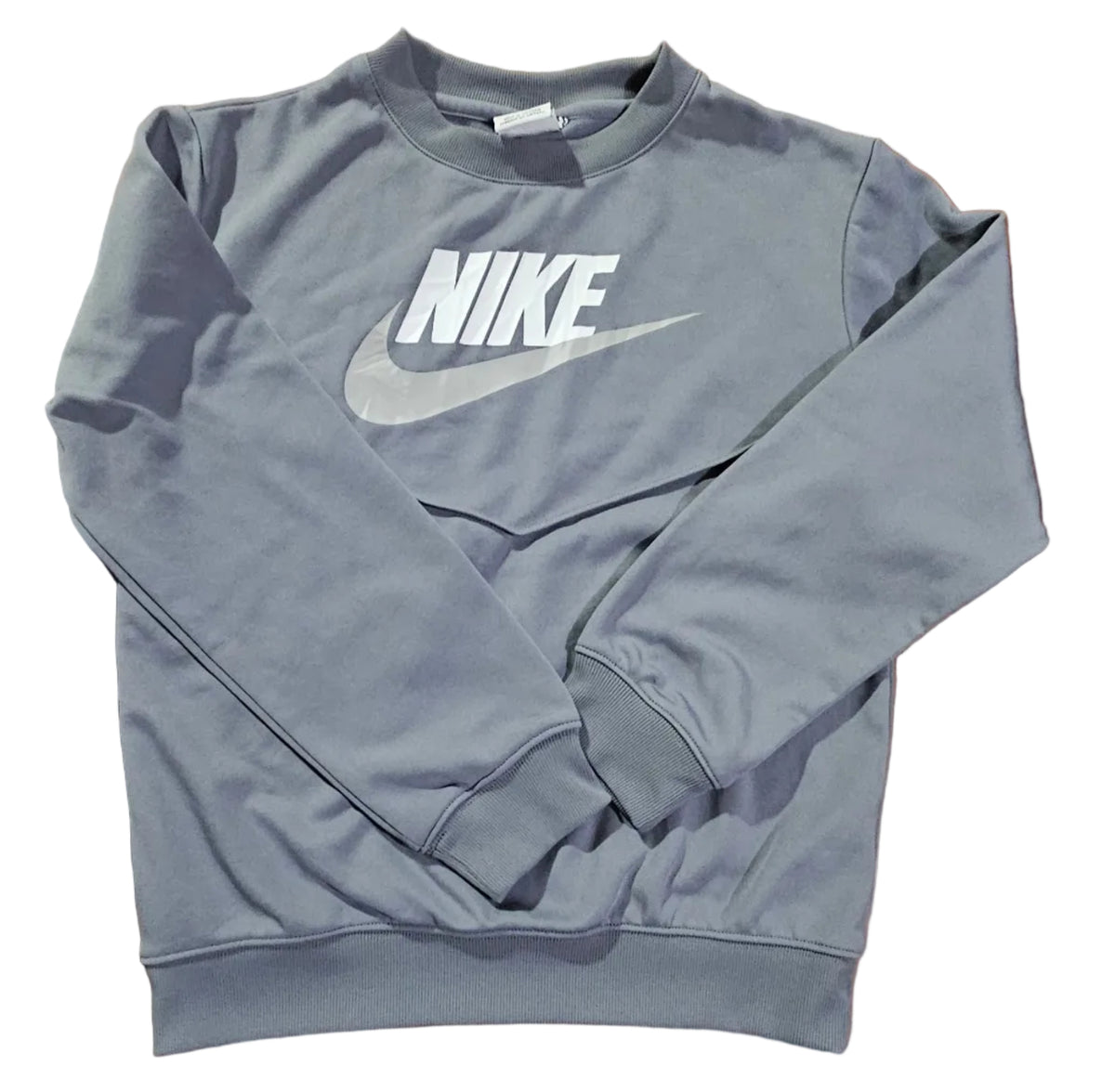 Grey Nike youth medium crewneck sweatshirt with white Nike logo and swoosh