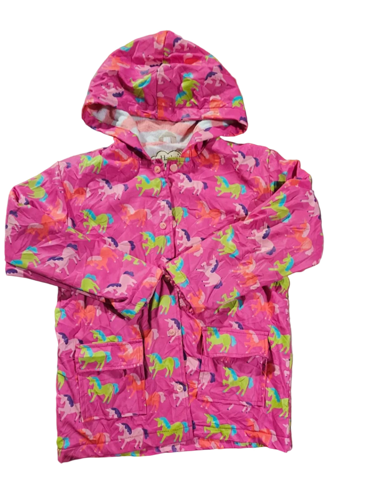 Pink Hatley size 8 hooded raincoat with colourful horse print and flap pockets