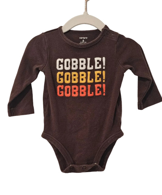 Brown Carter’s long-sleeved Gobble Gobble Gobble bodysuit, size 6 months