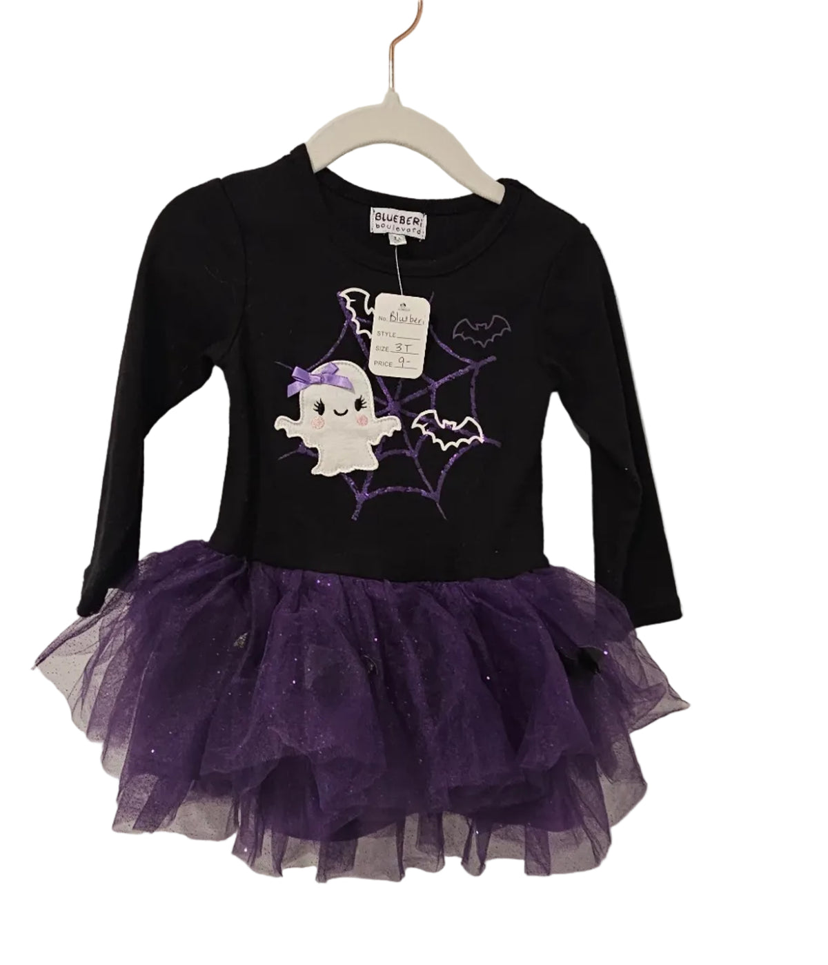 Blueberi Boulevard black Halloween dress with ghost and purple tulle skirt