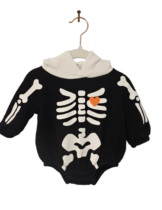 Black Old Navy hooded baby bodysuit with white skeleton bones and orange heart