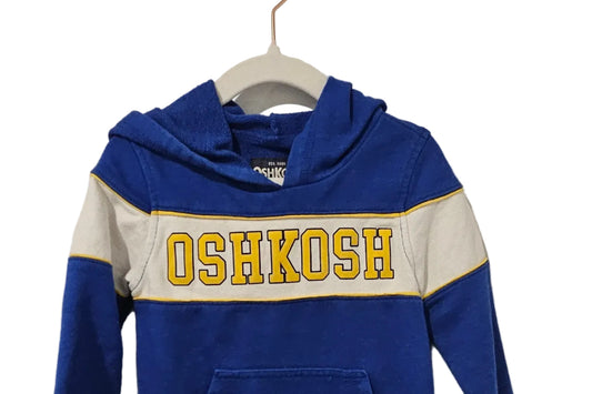 Blue OshKosh B'gosh pullover hoodie with white stripe and yellow lettering