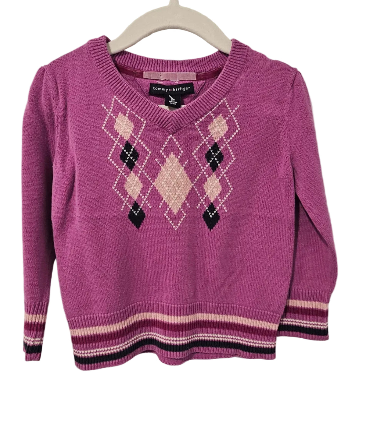 Purple Tommy Hilfiger V-neck argyle sweater with striped cuffs and hem