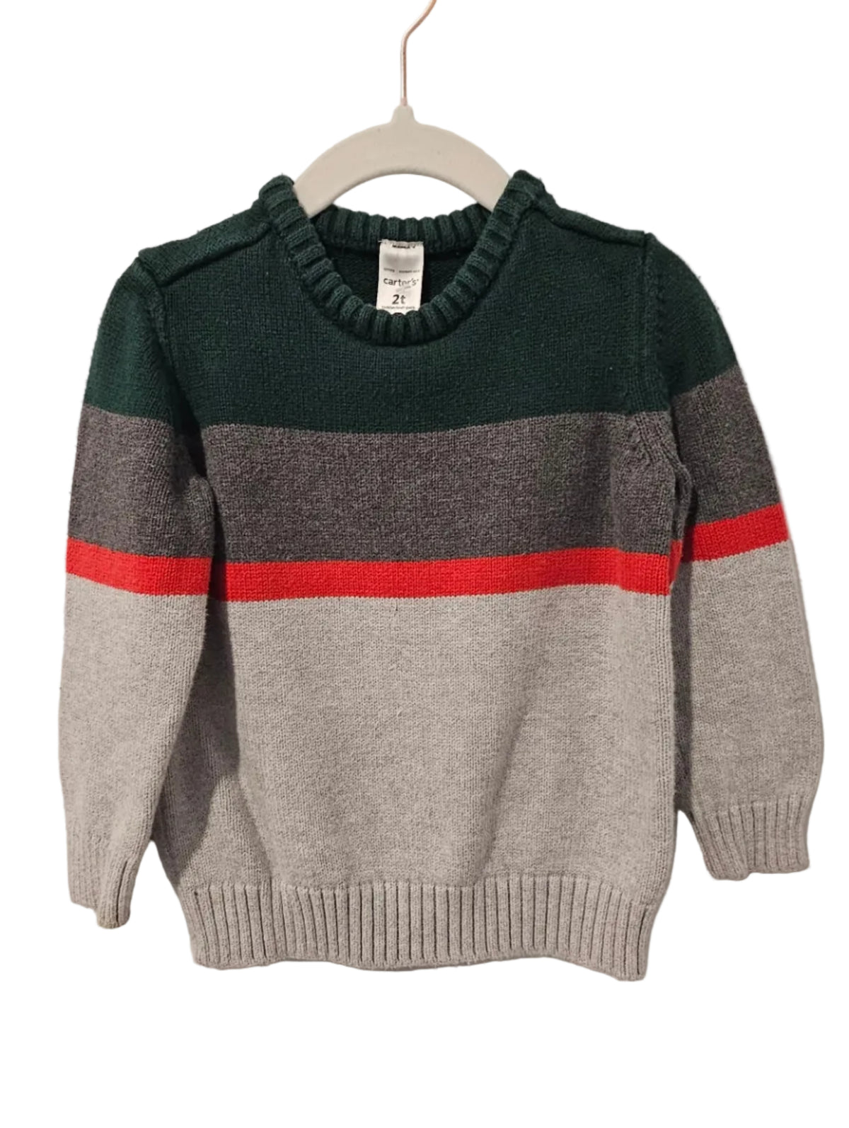 Carter's green and grey colourblock knit sweater with red stripe
