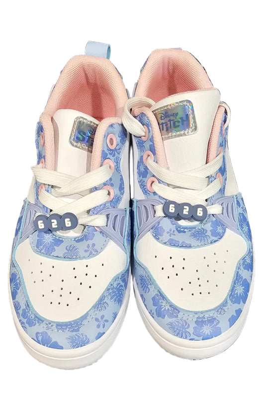 Disney Stitch blue floral lace-up sneakers with white toes and pink lining