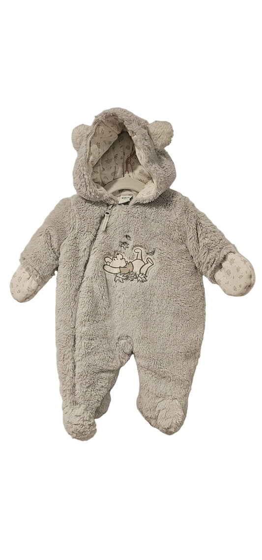 Grey fluffy Disney Baby hooded bunting with ear details and Winnie the Pooh chest design