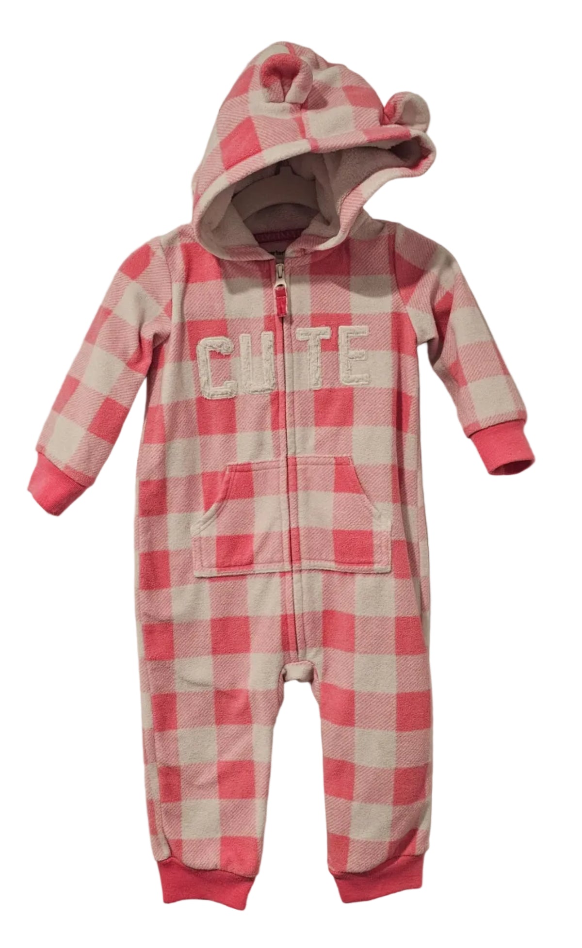 Pink and cream plaid Carter’s hooded romper with ear details, CUTE lettering and a front zipper