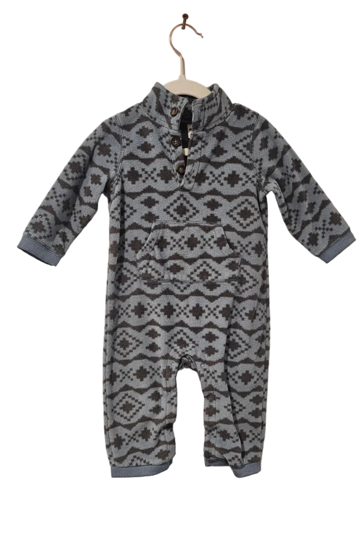 Grey Old Navy long-sleeved romper with dark geometric print, button placket and kangaroo pocket