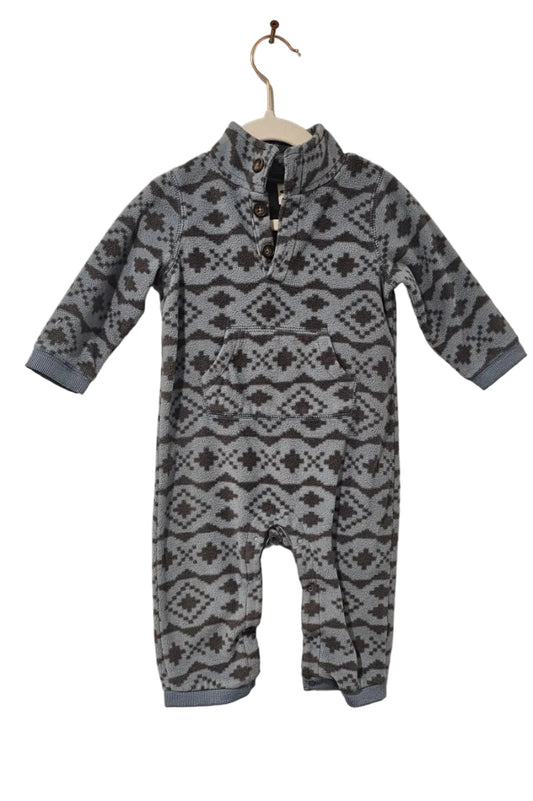 Grey Old Navy long-sleeved romper with dark geometric print, button placket and kangaroo pocket
