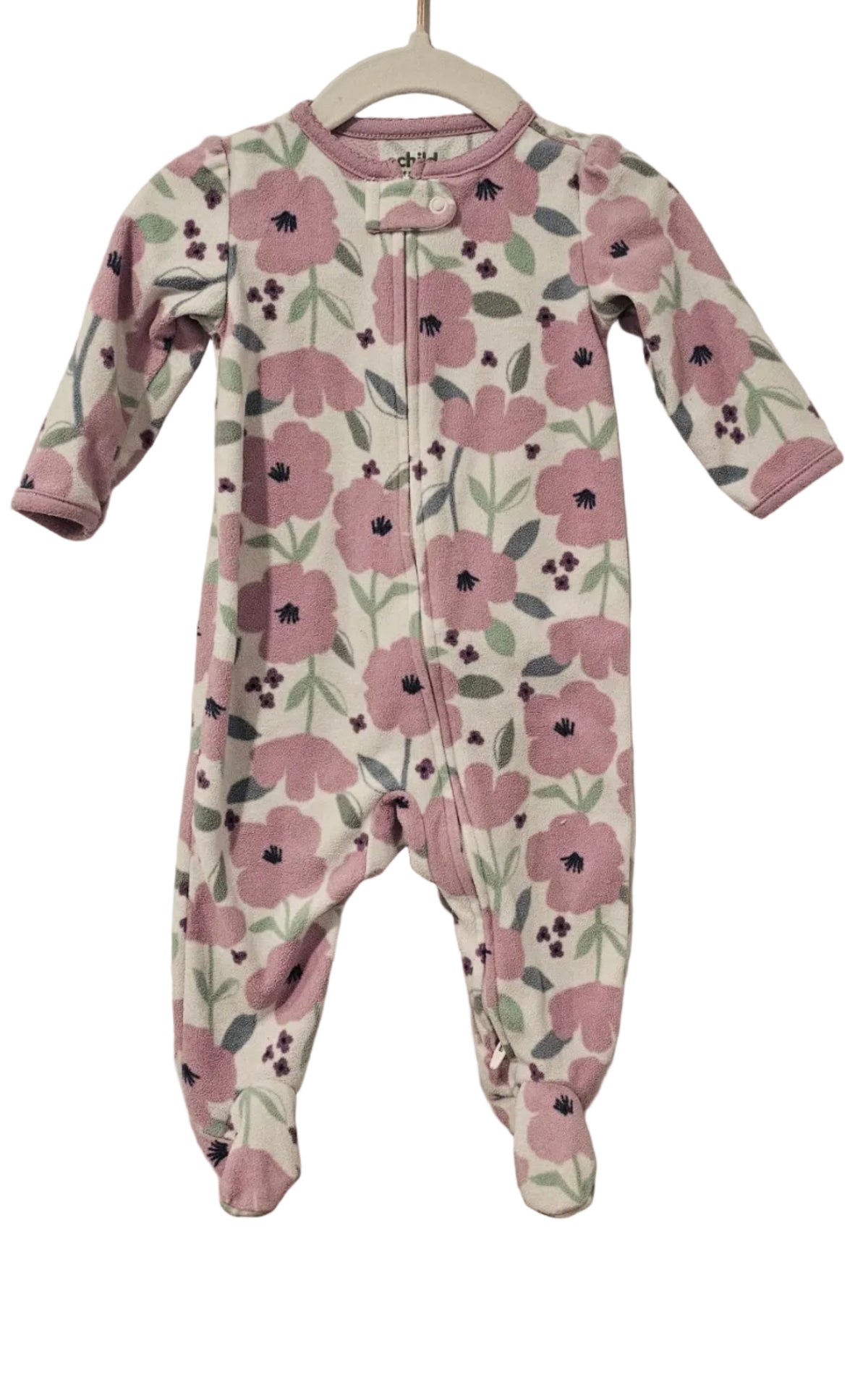 Child of Mine by Carter’s footed sleeper with pink flowers, green leaves and pink trim