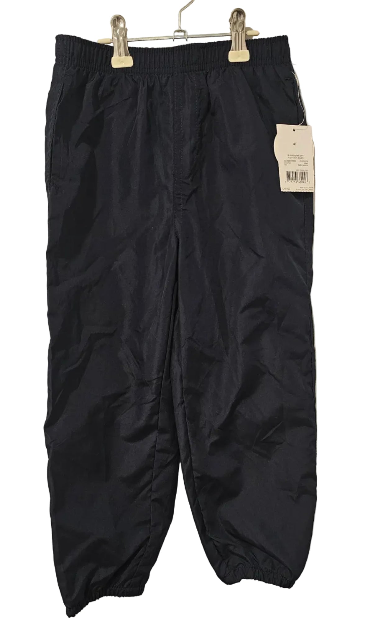 Navy George splash pants with an elastic waistband, gathered cuffs and a retail tag attached