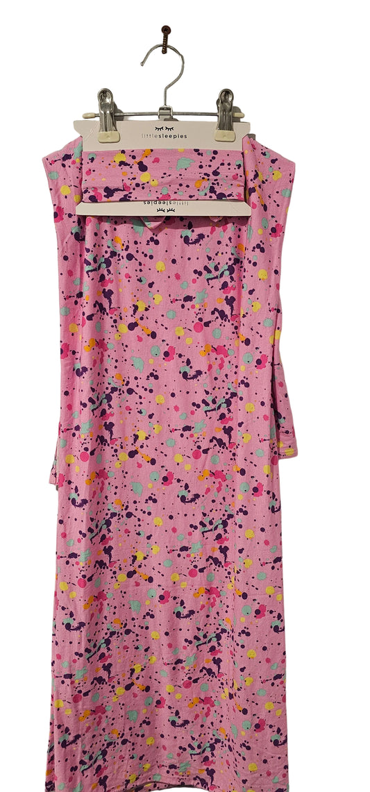 Pink Little Sleepies swaddle blanket and matching headband with a multicoloured splatter-style print