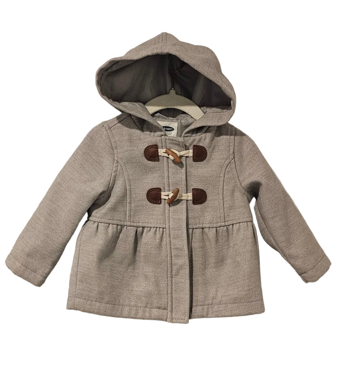 Grey Old Navy hooded toddler coat with two front toggles and a gathered waist on a hanger