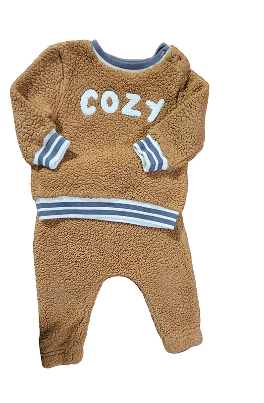 Tan Mini Heros COZY teddy-textured top and matching pants with striped trim