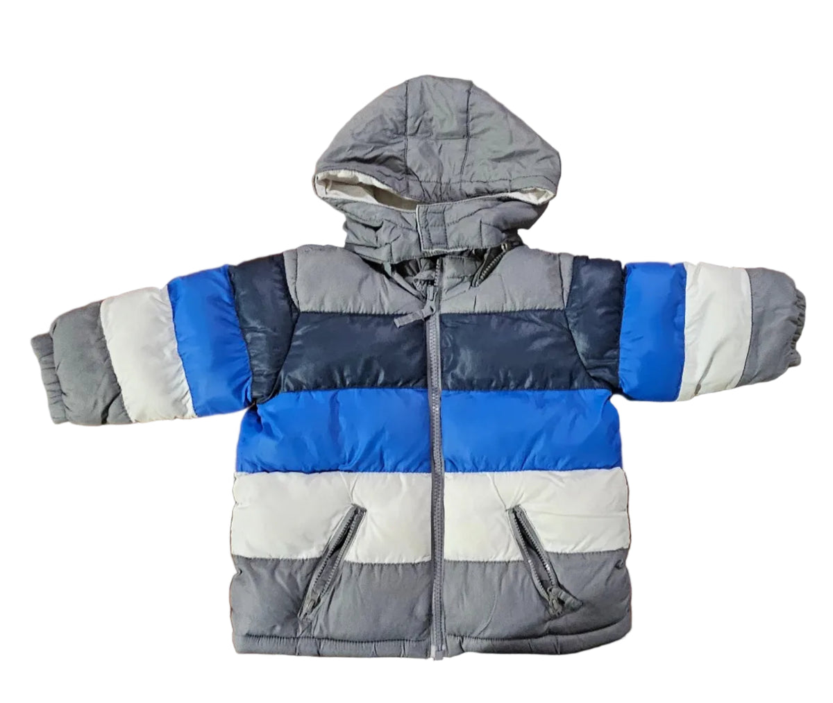 The Children's Place hooded colourblock puffer jacket in grey white blue and navy