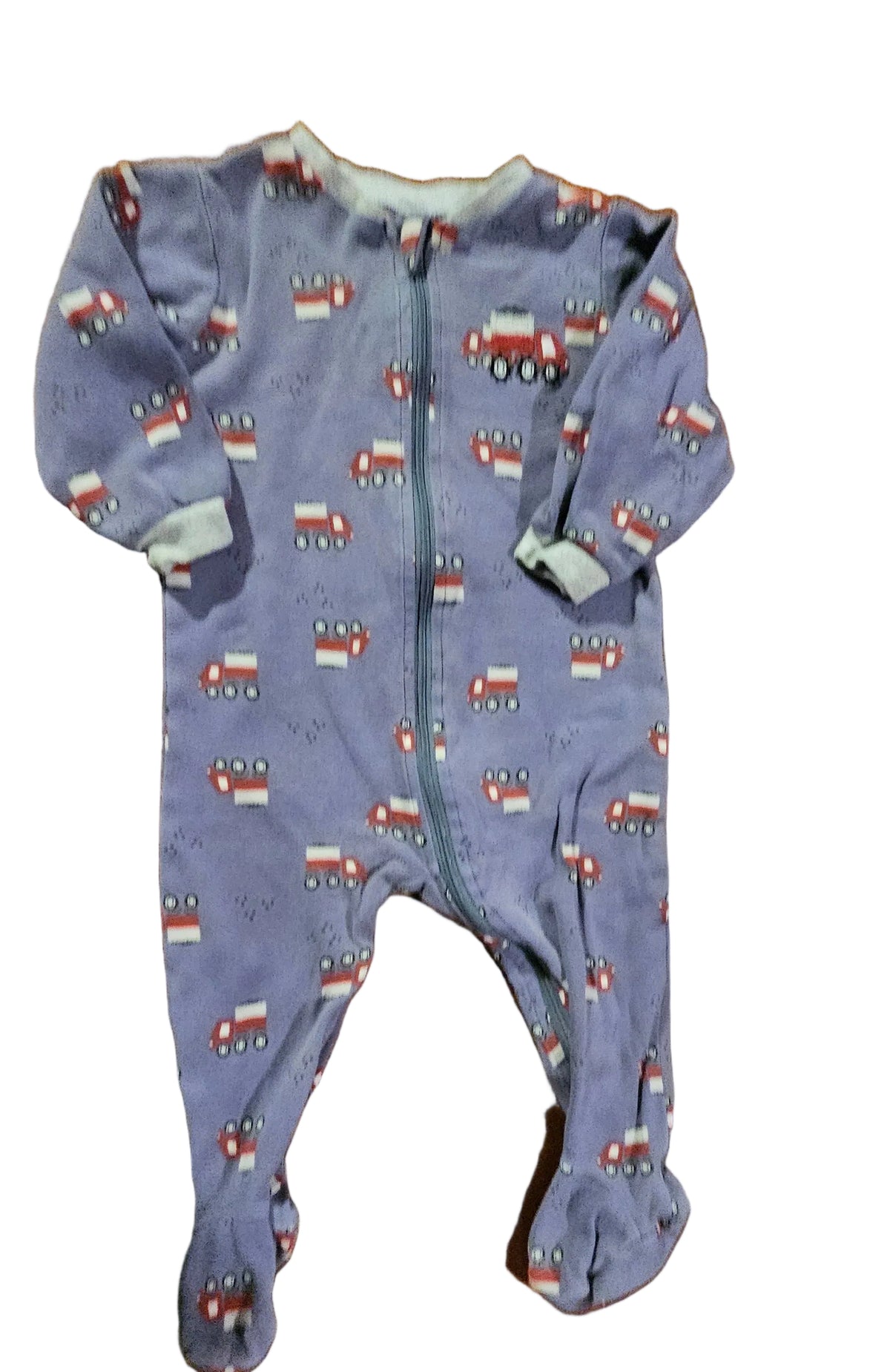 Blue-grey Pekkle footed sleeper with red-and-white truck print