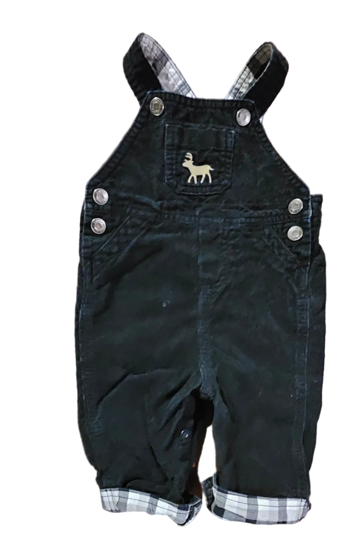 Dark Carter's corduroy overalls with moose bib detail and plaid cuffs