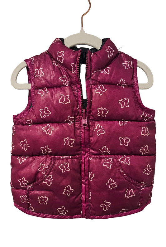 Old Navy berry-purple butterfly print puffer vest, front view