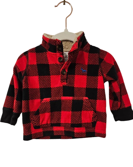 Carter's red and black buffalo plaid fleece pullover with front pocket, size 6 months
