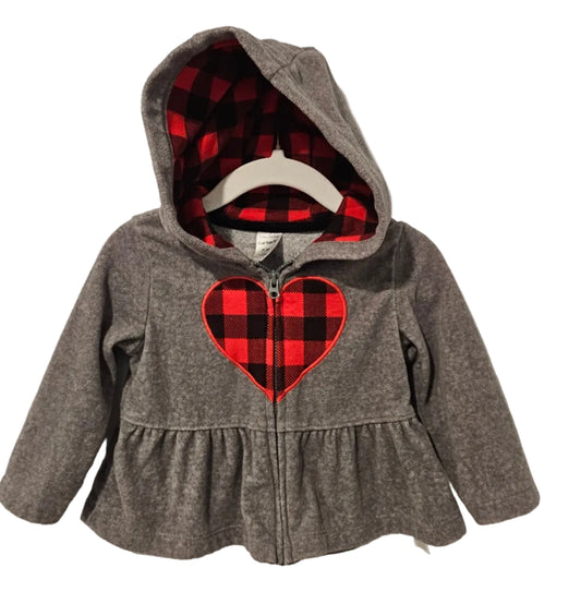 Carter's grey zip-up baby hoodie with buffalo plaid heart, size 9 months