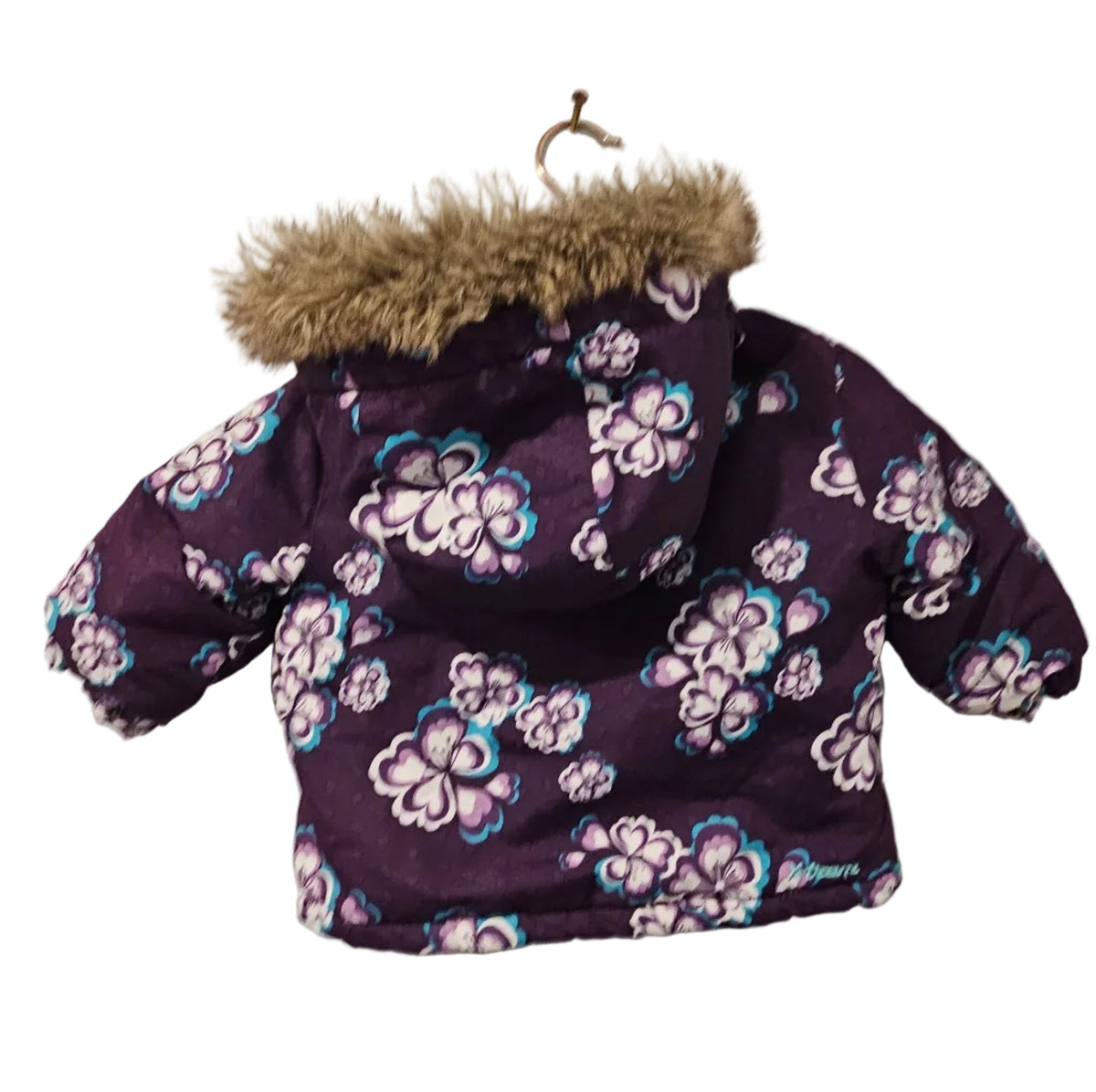 Back of purple floral Gusti winter coat with fur-trimmed hood