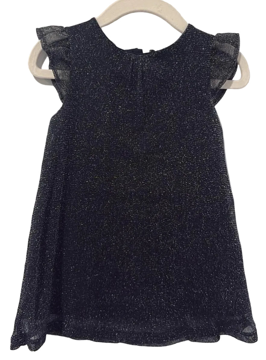 Front of navy Joe Fresh shimmer dress with flutter sleeves