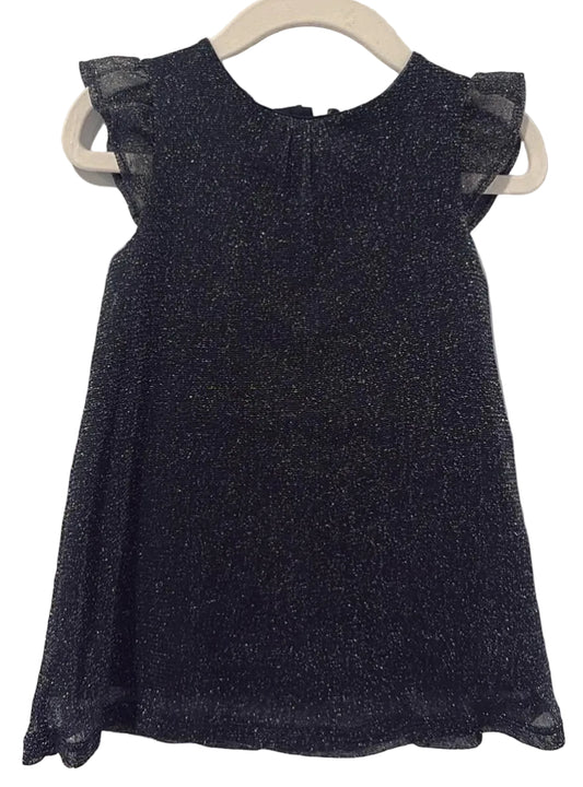 Front of navy Joe Fresh shimmer dress with flutter sleeves