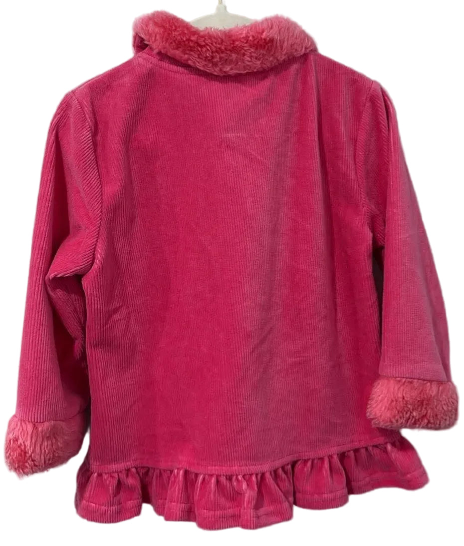 Pink Dora jacket with plush collar and ruffled hem, back view