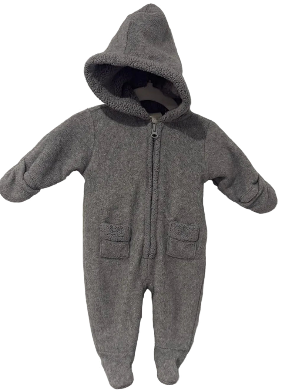Front of grey Old Navy hooded fleece pram suit