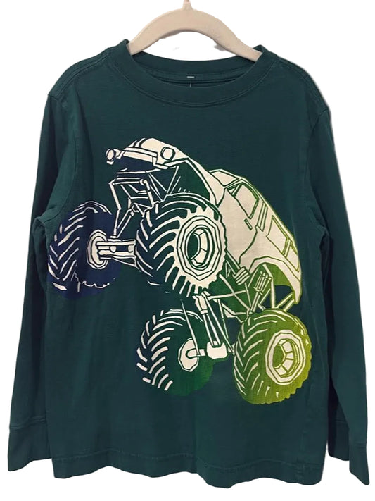 Dark green Carter's long sleeve tee with monster truck graphic
