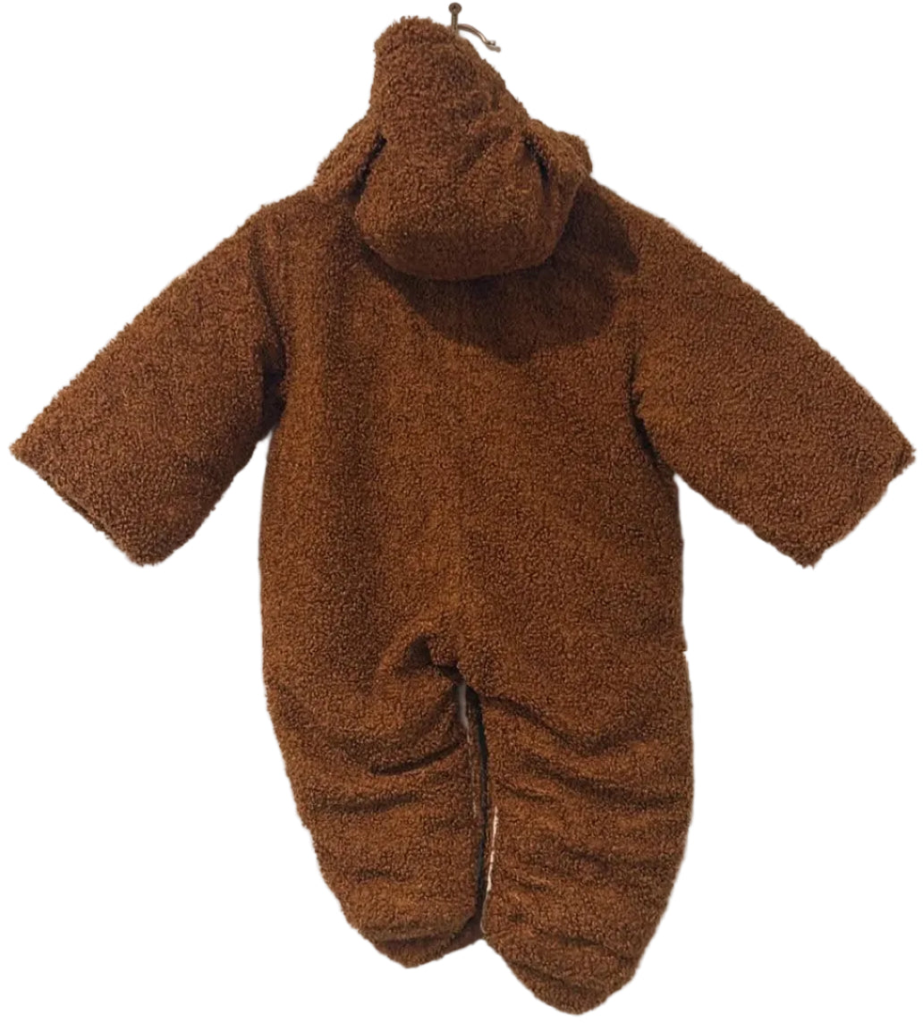 Back of brown teddy-textured hooded pram suit