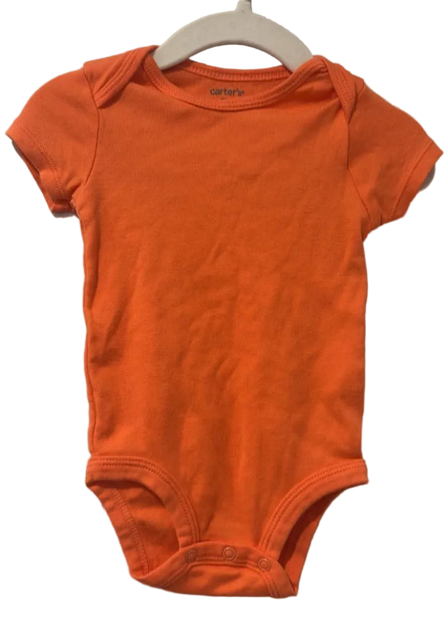 Front of orange Carter’s short-sleeve bodysuit, size 9 months
