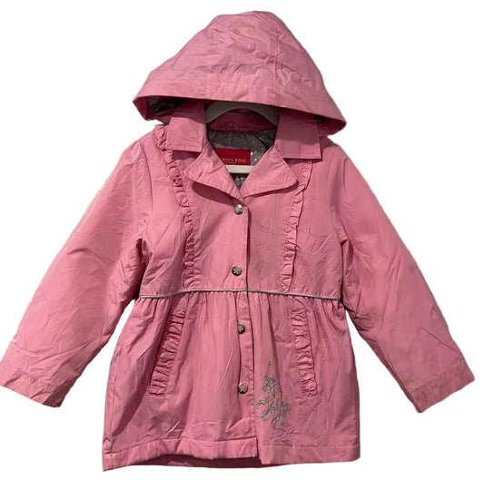 London Fog pink hooded coat with ruffle trim, front view