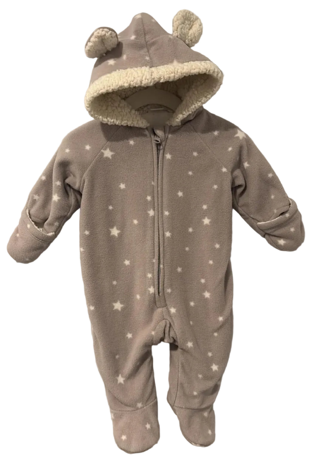 Front of grey Old Navy star-print pram suit with hood ears