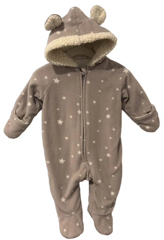 Front of grey Old Navy star-print pram suit with hood ears