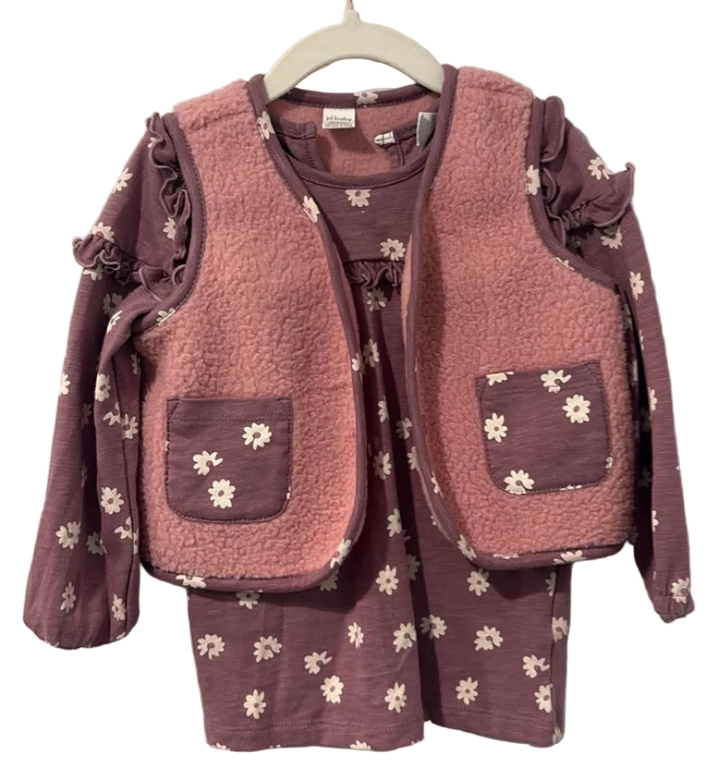 PL Baby mauve floral dress and dusty-pink vest set, size 24 months