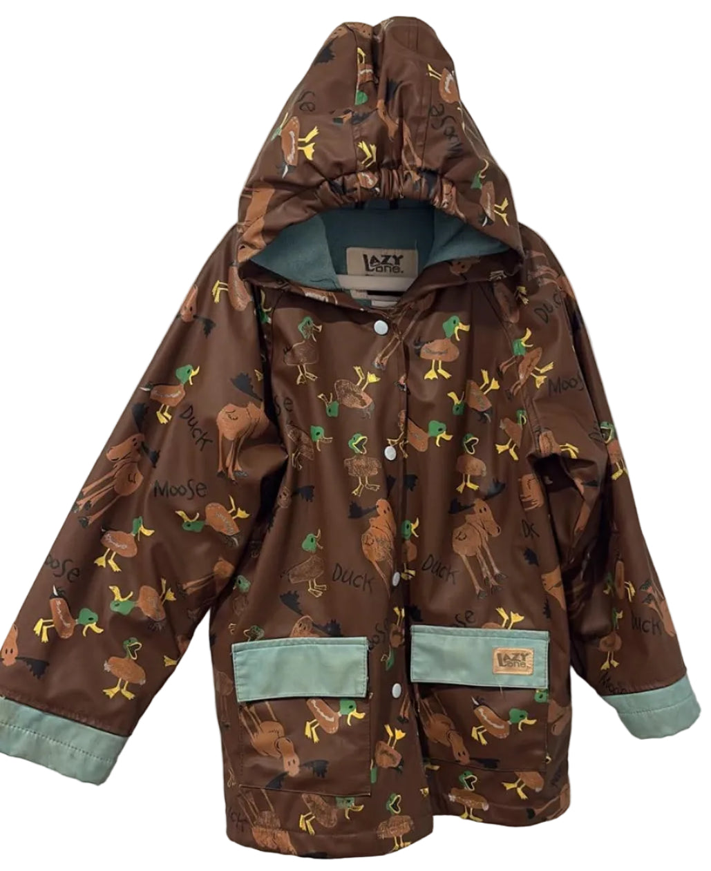 Lazy One brown duck-and-moose raincoat with teal details, front view