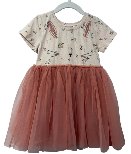 Next bunny dress with cream floral bodice and dusty rose tulle skirt, front view