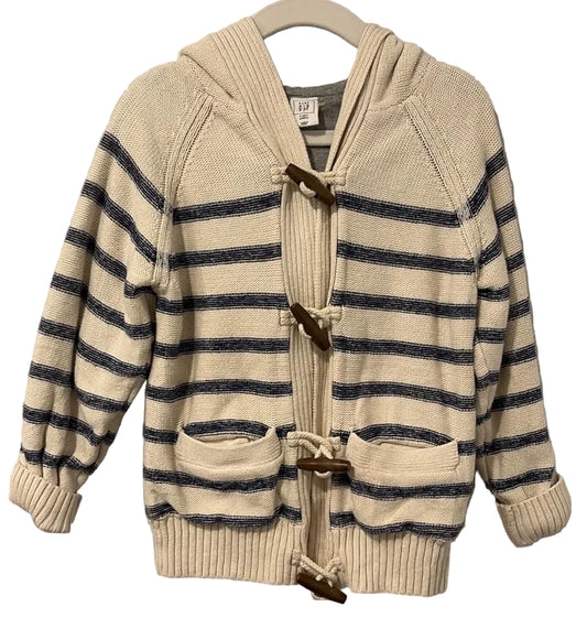 Baby Gap cream and navy striped hooded cardigan, front view