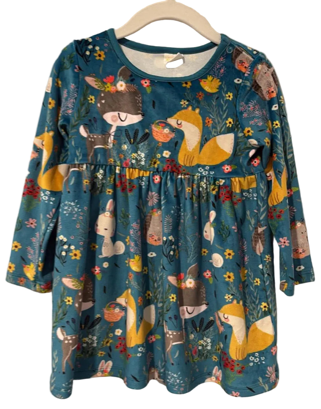 Front of teal S+B woodland animal long-sleeve dress in size 24 months