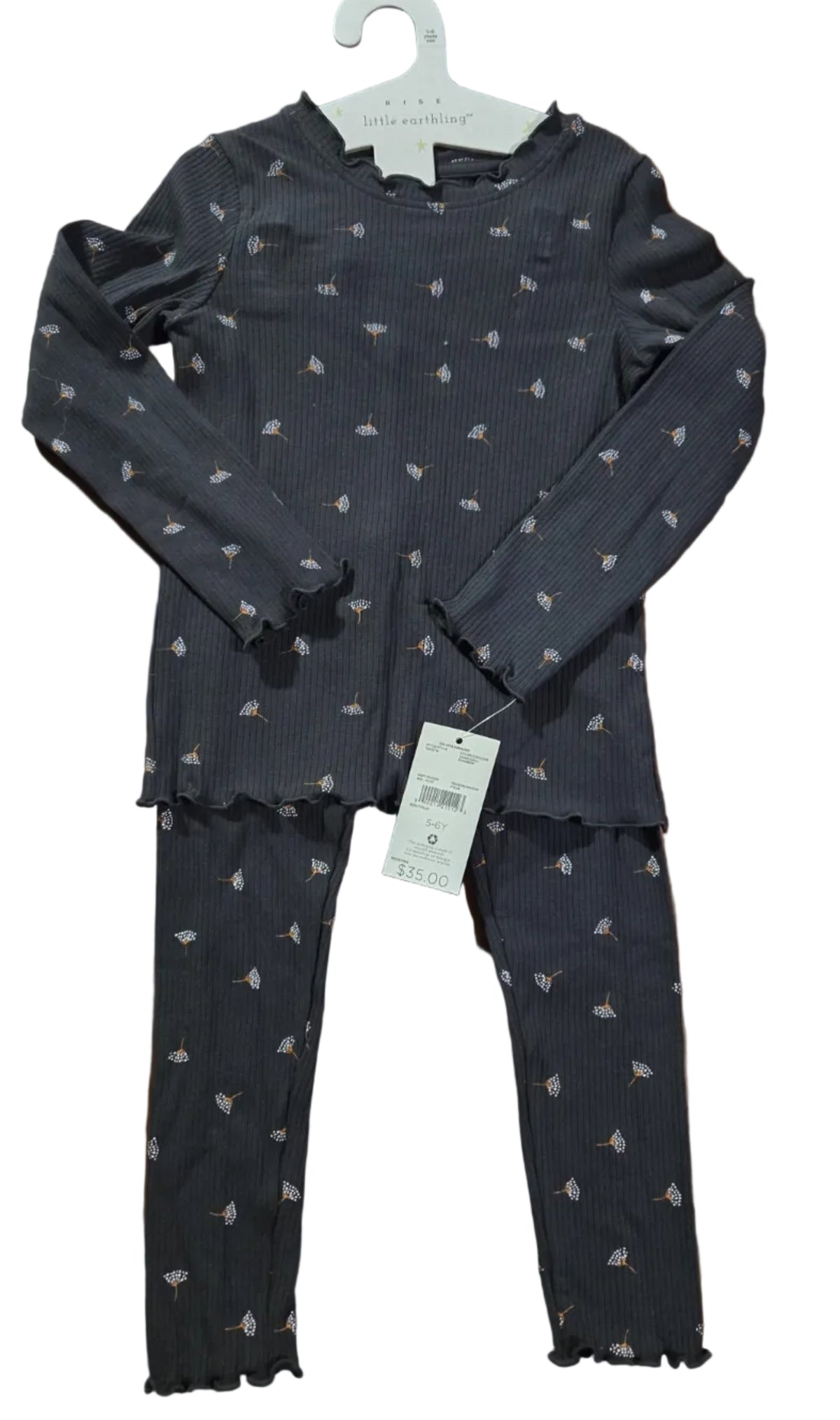 Rise Little Earthling Charcoal Dandelion Print Pajama Set, 5-6Y – New With Tags